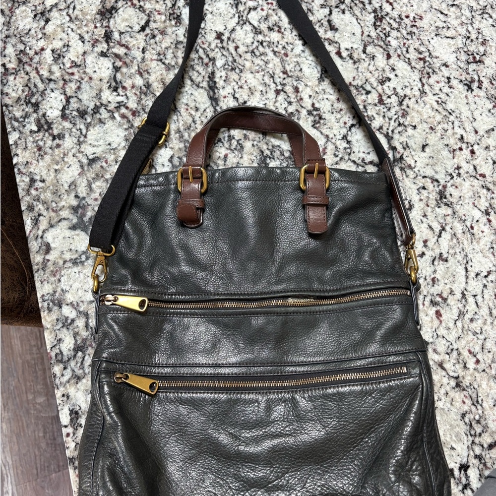 Fossil Black and Brown Leather Messenger Bag